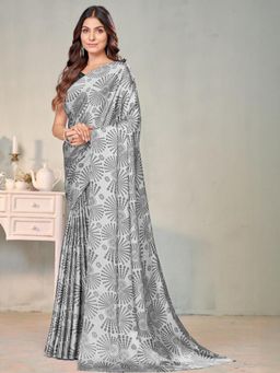 Garden VARELI - Grey Geometric Printed Crepe Satin Saree Without Blouse