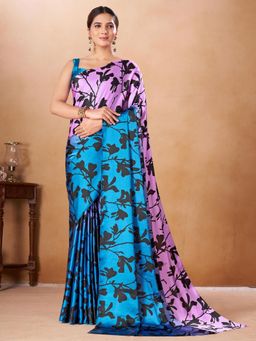 Garden VARELI - Blue Floral Printed Crepe Saree Without Blouse
