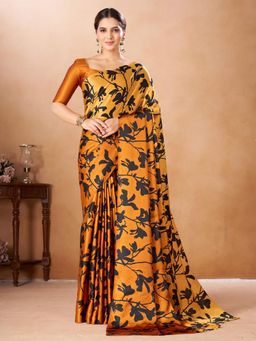 Garden VARELI - Orange Floral Printed Crepe Saree Without Blouse