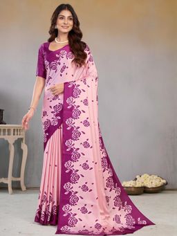 Garden VARELI - Magenta Floral Printed Crepe Satin Saree With Unstitched Blouse