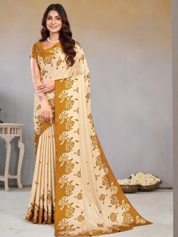 Garden VARELI - Yellow Floral Printed Crepe Satin Saree Without Blouse
