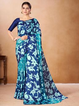 Garden VARELI - Blue Floral Printed Crepe Saree Without Blouse