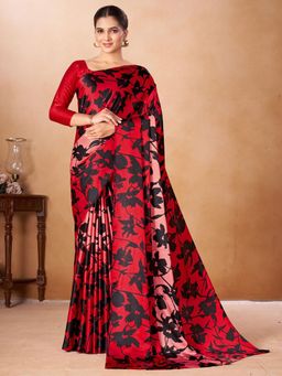 Garden VARELI - Red Floral Printed Crepe Saree With Unstitched Blouse