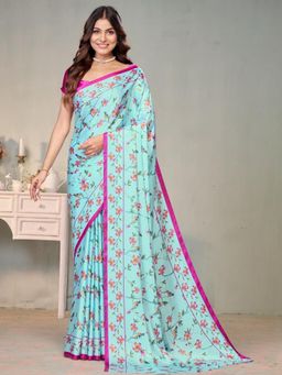Garden VARELI - Blue Floral Printed Crepe Satin Saree With Unstitched Blouse