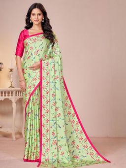 Garden VARELI - Green Floral Printed Crepe Satin Saree With Unstitched Blouse