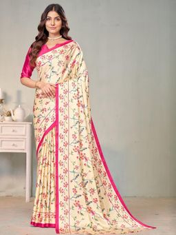 Garden VARELI - Beige Floral Printed Crepe Satin Saree With Unstitched Blouse