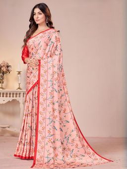 Garden VARELI - Peach Floral Printed Crepe Satin Saree With Unstitched Blouse
