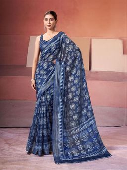 Garden VARELI - Blue Block Print Linen Look Saree Without Blouse