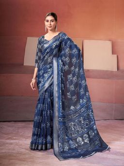 Garden VARELI - Blue Block Print Linen Look Saree Without Blouse