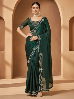 Akhilam - Women Chiffon Green Embellished Designer Saree with Unstitched Blouse