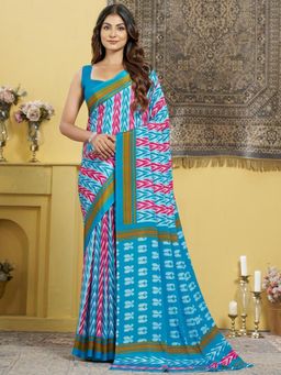 Garden VARELI - Teal Ikat Printed Crepe Saree Without Blouse