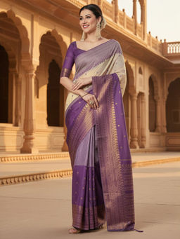 Akhilam - Women Cotton Blend Purple Woven Design Saree with Unstitched Blouse