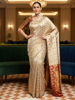 Akhilam - Women Litchi Silk Grey Woven Design Designer Saree with Unstitched Blouse