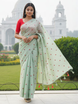Akhilam - Women Tissue Light Green Embellished Designer Saree with Unstitched Blouse