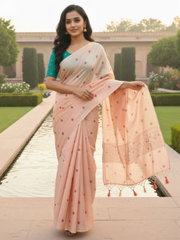 Akhilam - Women Tissue Peach Handloom Designer Saree with Unstitched Blouse