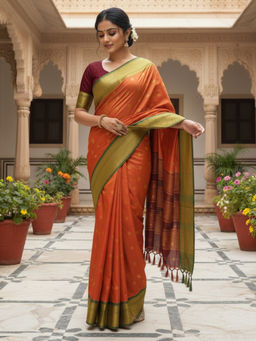 Akhilam - Women Silk Blend Orange Woven Design Designer Saree with Unstitched Blouse