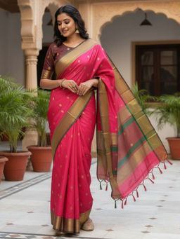 Akhilam - Women Silk Blend Pink Woven Design Designer Saree with Unstitched Blouse