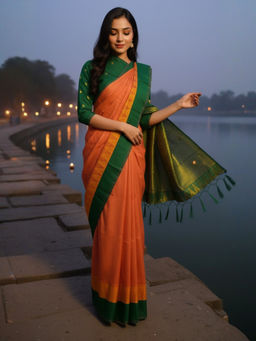 Akhilam - Women Silk Blend Orange Woven Design Designer Saree with Unstitched Blouse