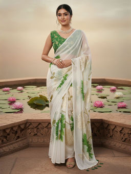 Akhilam - Women Georgette White Printed Designer Saree with Unstitched Blouse