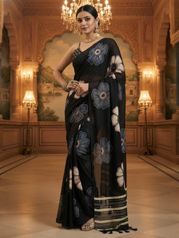 Akhilam - Women Georgette Black Printed Designer Saree with Unstitched Blouse