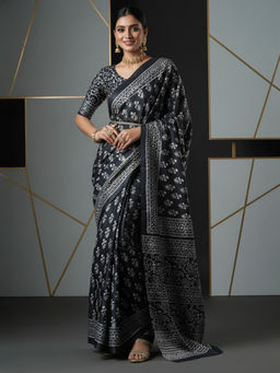 Akhilam - Women Dola Silk Black Printed Designer Saree with Unstitched Blouse