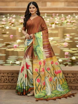 Akhilam - Women Tessar Silk Brown Printed Designer Saree with Unstitched Blouse