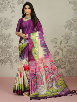 Akhilam - Women Tessar Silk Purple Printed Designer Saree with Unstitched Blouse
