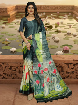 Akhilam - Women Tessar Silk Black Printed Designer Saree with Unstitched Blouse