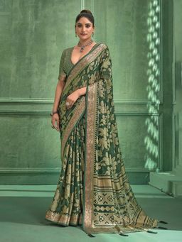 MEENA BAZAAR - Women Green Georgette Floral Printed Saree Without Blouse