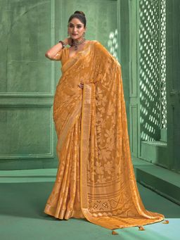 MEENA BAZAAR - Women Mustard Georgette Floral Printed Saree Without Blouse