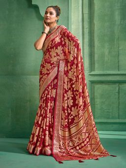MEENA BAZAAR - Women Red Georgette Floral Printed Saree Without Blouse