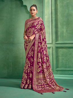 MEENA BAZAAR - Women Wine Georgette Floral Printed Saree Without Blouse