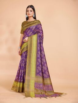 Garden VARELI - Olive Floral Printed Cationic Saree Without Blouse