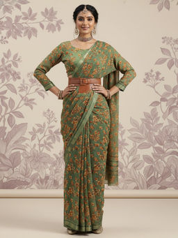 Akhilam - Women Georgette Green Printed Celebrity Saree with Unstitched Blouse & Belt