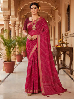 Akhilam - Women Cotton Blend Pink Printed Designer Saree with Unstitched Blouse