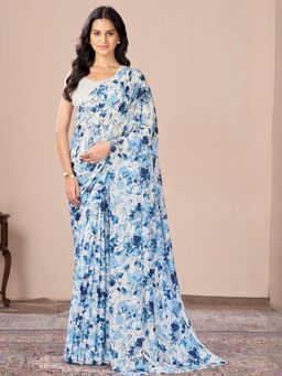 Garden VARELI - Blue Floral Printed Chiffon Saree Without Blouse