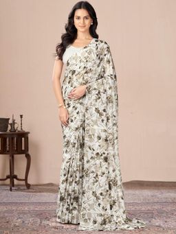 Garden VARELI - Brown Floral Printed Chiffon Saree Without Blouse