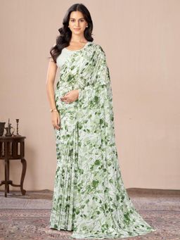 Garden VARELI - Green Floral Printed Chiffon Saree Without Blouse