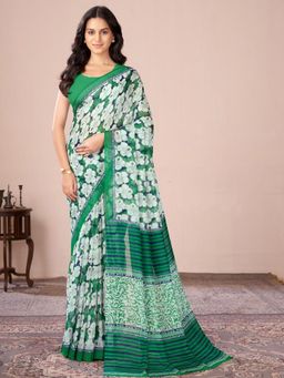 Garden VARELI - Green Floral Printed Tissue Saree Without Blouse