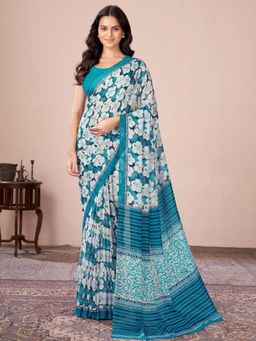 Garden VARELI - Teal Floral Printed Tissue Saree Without Blouse