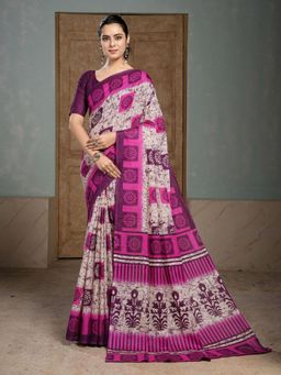 Garden VARELI - Magenta Block Print Cotton Saree With Unstitched Blouse