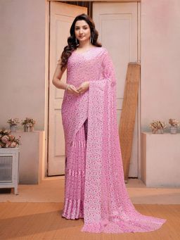 Garden VARELI - Pink Floral Printed Satin Chinon Saree Without Blouse