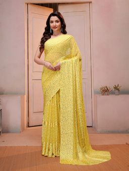 Garden VARELI - Yellow Floral Printed Satin Chinon Saree Without Blouse