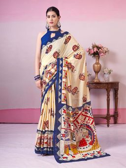 Garden VARELI - Blue Indian Printed Cotton Saree Without Blouse