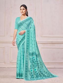 Garden VARELI - Turquoise Floral Printed Chiffon Saree Without Blouse