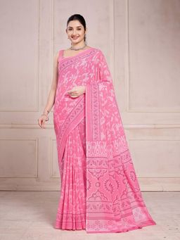 Garden VARELI - Pink Floral Printed Chiffon Saree Without Blouse