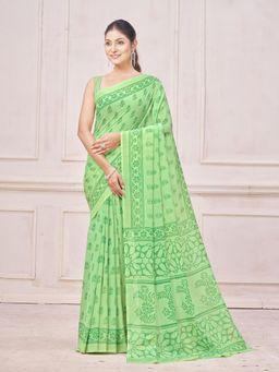 Garden VARELI - Green Floral Printed Chiffon Saree Without Blouse
