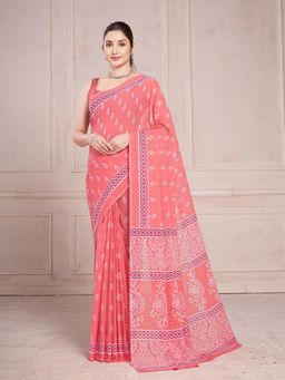 Garden VARELI - Red Floral Printed Chiffon Saree Without Blouse