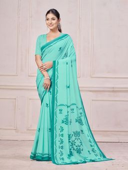 Garden VARELI - Turquoise Floral Printed Chiffon Saree Without Blouse