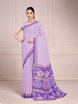 Garden VARELI - Purple Floral Printed Chiffon Saree Without Blouse